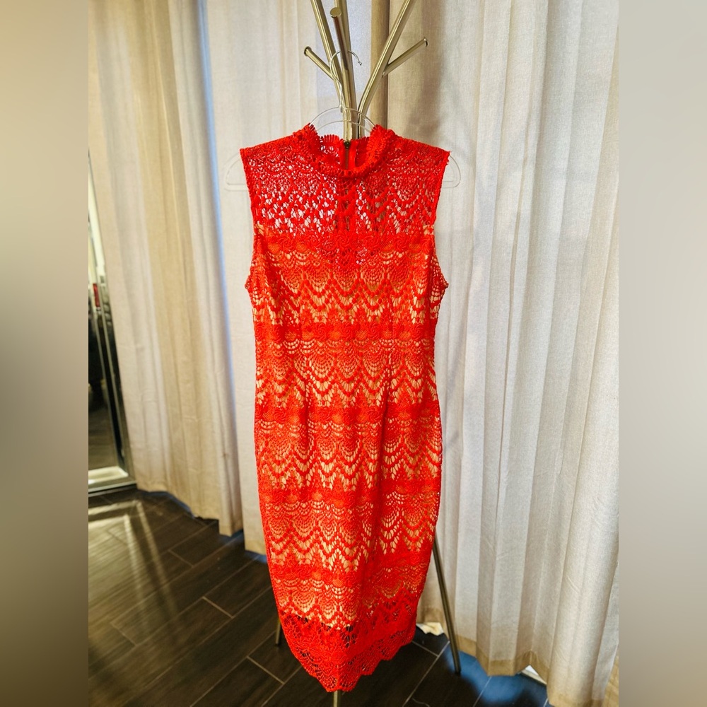 - Gorgeous Orange lace Sheath Midi Dress. Fully lined with‎ gold zipper.